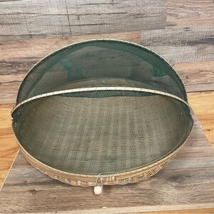 Vintage Handmade wood bamboo rattan picnic fruit basket bowl covered net